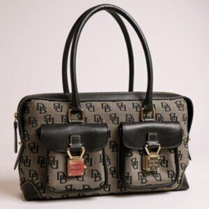 Dooney & Bourke Signature DB Canvas Satchel – Gray & Black, Dual Front Pockets,